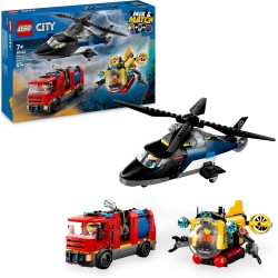 LEGO City 60462 - 3in1 Elicottero, Autopompa e Sottomarino - Giocattolo Combinabile con Veicoli da Costruire e 3 Minifigure, Gio