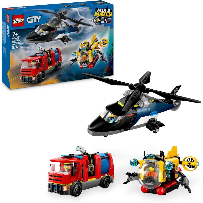 LEGO City 60462 - 3in1 Elicottero, Autopompa e Sottomarino - Giocattolo Combinabile con Veicoli da Costruire e 3 Minifigure, Gio