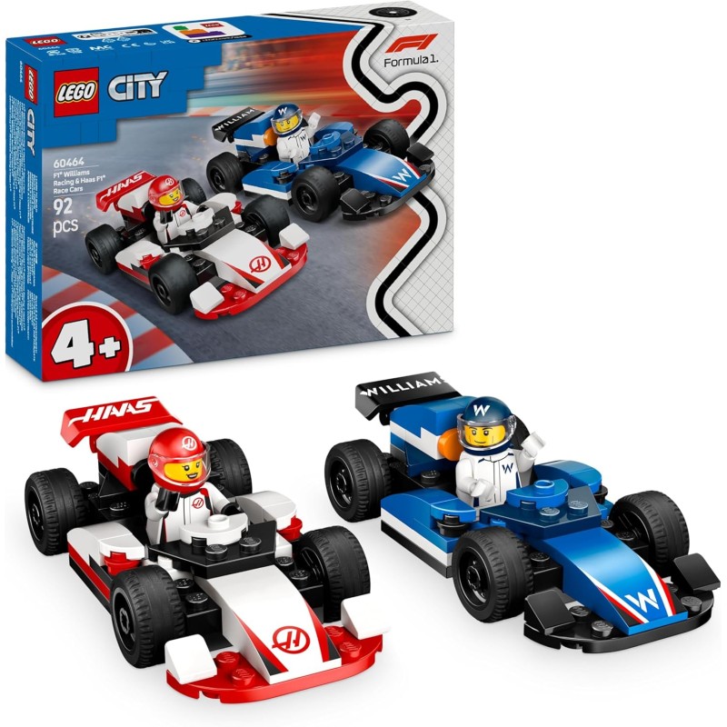 LEGO City 60464 - Williams Racing e Haas F1 - Modelli di Auto da Corsa da Costruire con 2 Minifigure di Piloti e Starter Brick