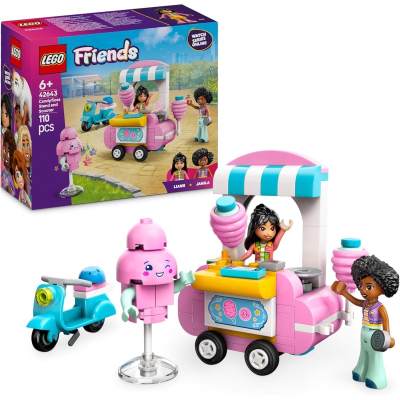 LEGO Friends 42643 - Bancarella di Zucchero Filato e Scooter, Giochi di Ruolo Creativi con Mini Bamboline di Liann e Jamila, Vei