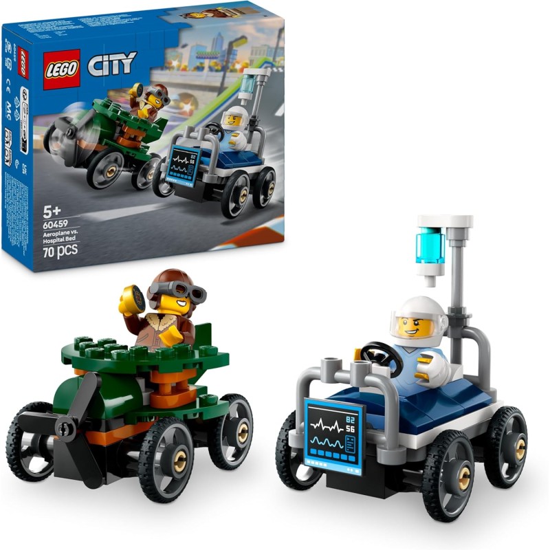 LEGO City 60459 - Pack Veicoli da Corsa: Aereo Contro Letto d’Ospedale - Modelli di Auto Giocattolo con 2 Minifigure, Regali Div