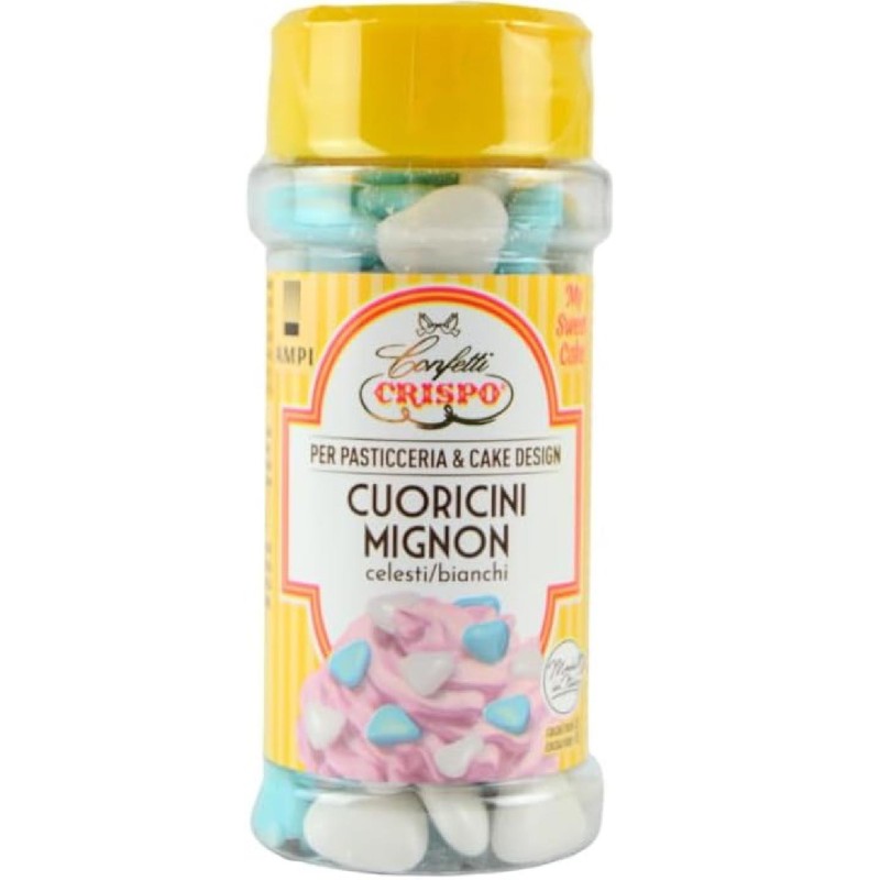 CRISPO Cuoricini Mignon Celesti e Bianchi per Pasticceria e Cake Design 85gr - Confetti di Cioccolato Fondente a forma di Cuore 