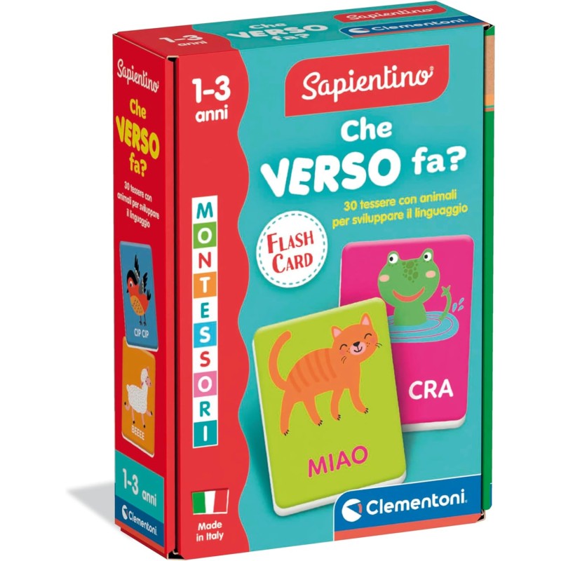 Clementoni - Sapientino Montessori - Che Verso Fa, Gioco Educativo, 30 Flashcards Montessori per Bambini 1-3 Anni, Carte Tattili