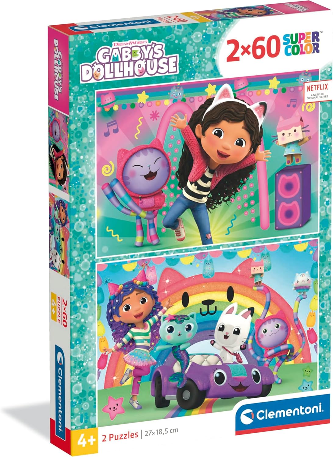 Clementoni - Puzzle per Bambini 2x60 Pezzi Supercolor, per Bambini 4+ Anni, Illustrazione con Personaggi dal Cartone Gabby Dollh