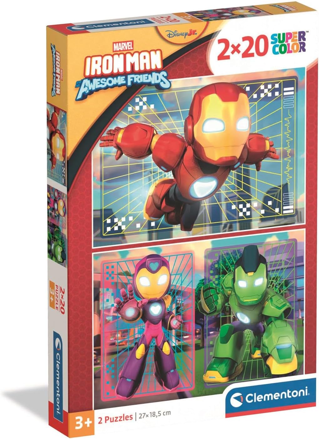 Clementoni - Puzzle per Bambini 2x20 Pezzi Supercolor, 3+ Anni, Illustrazione con Marvel Iron Man and his Awesome Friends, Idea
